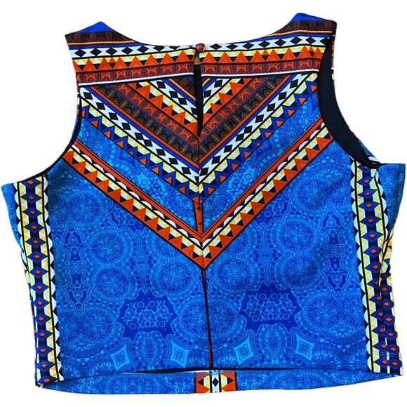 🔥Bisou Bisou High-Neck Scuba Crop Top Boho Tribal Southwestern Geo Y2K Blue L - Picture 6 of 6